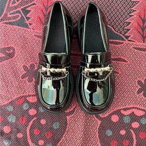Patent Leather Black Women's Loafers with Chain Accent